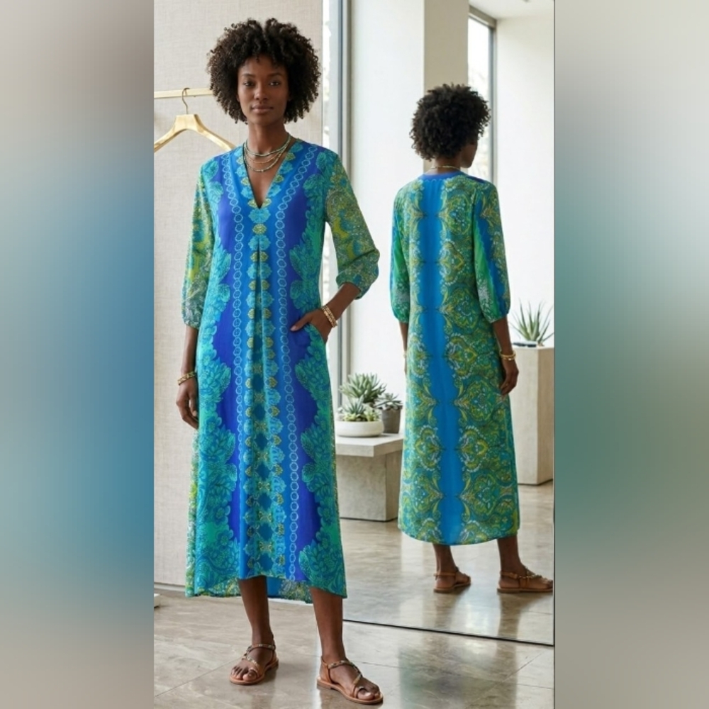 Silk Boho Johnny Was Blue Kaftan Paisley Artisy Pockets Maxi Dress New